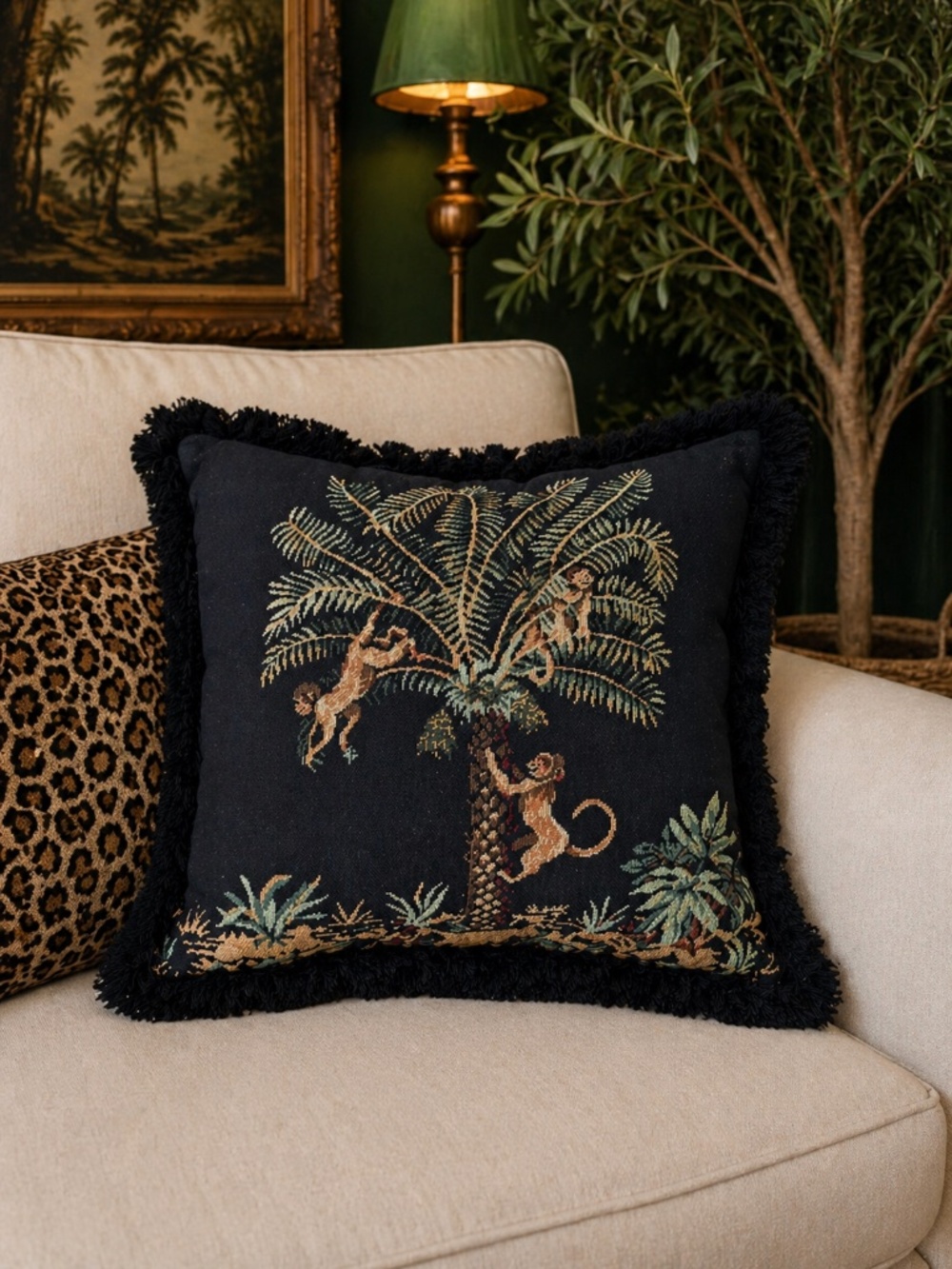 Vintage Monkey Palm Tree Tapestry Pillow – Fringe Trim Jungle Safari Decor